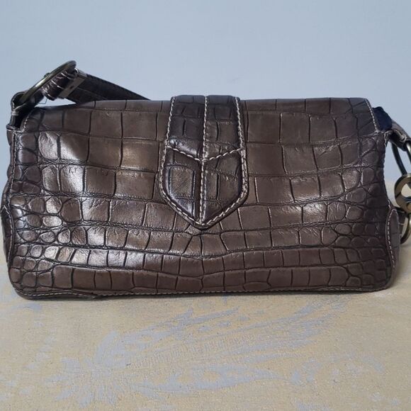 Donald J. Pliner Purse Bronze Metallic Croc Embossed East West Shoulder Bag - Picture 3 of 8